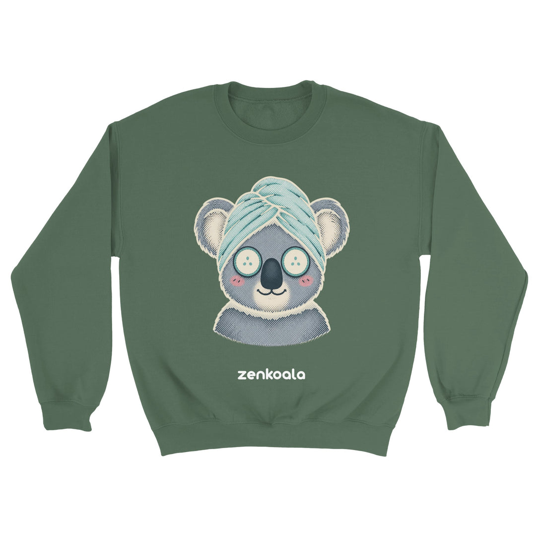 Koala Spa Day feel-good sweatshirt in military green — a koala in a towel turban with cucumber eyes, Zen Koala Australia