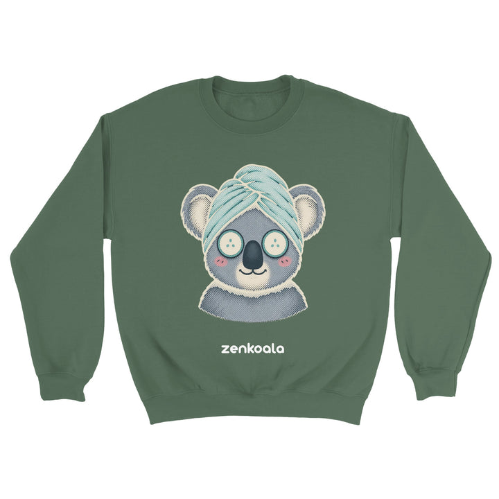 Koala Spa Day feel-good sweatshirt in military green — a koala in a towel turban with cucumber eyes, Zen Koala Australia