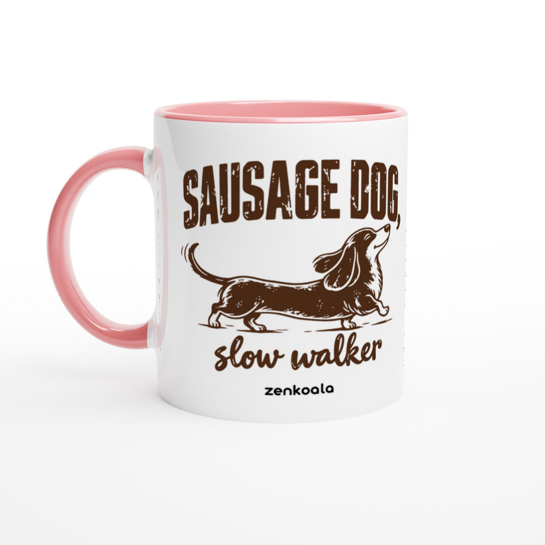 Sausage Dog Slow Walker mug in pink: white with a pink rim, inside and handle, Zen Koala Australia