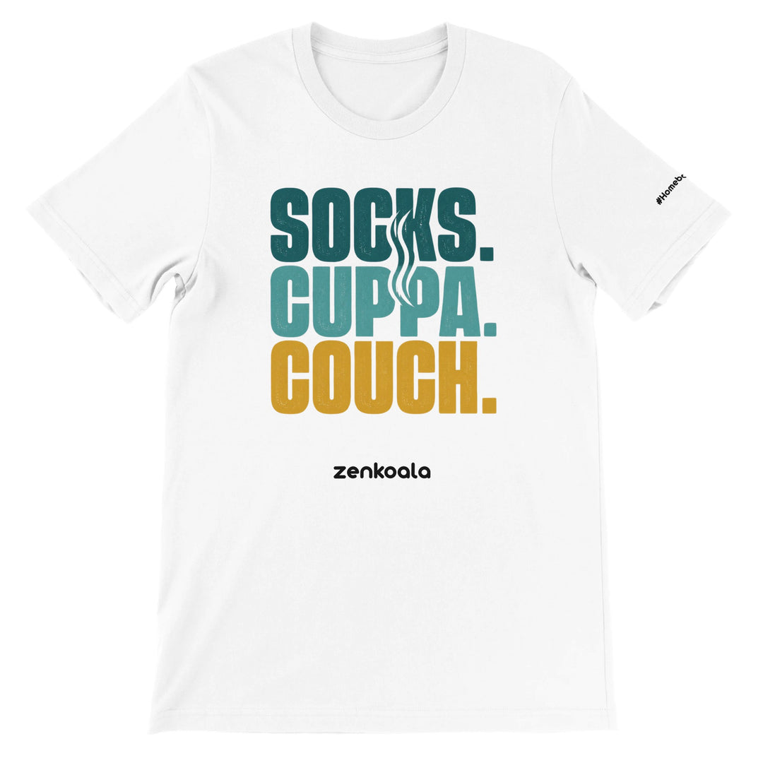 Socks Cuppa Couch feel-good tee in white — Zen Koala Australia