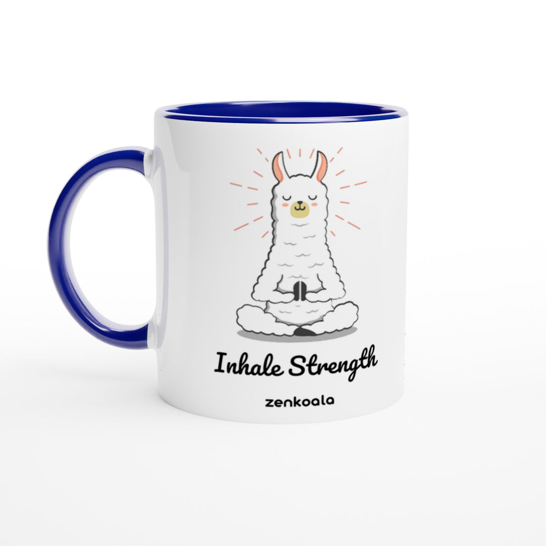 Breathe mug in blue: white with a blue rim, inside and handle, Zen Koala Australia