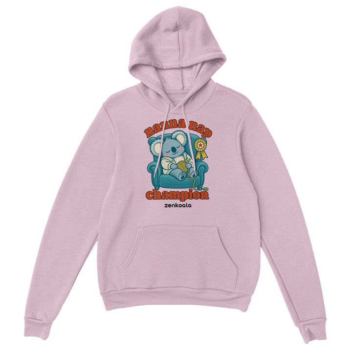 Nanna Nap Champion feel-good hoodie in light pink, Zen Koala Australia