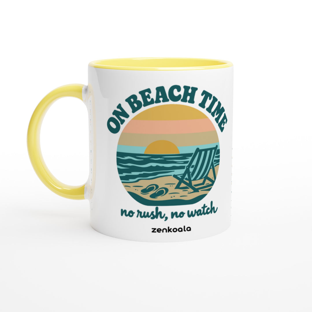 On Beach Time mug in yellow: white with a yellow rim, inside and handle, Zen Koala Australia