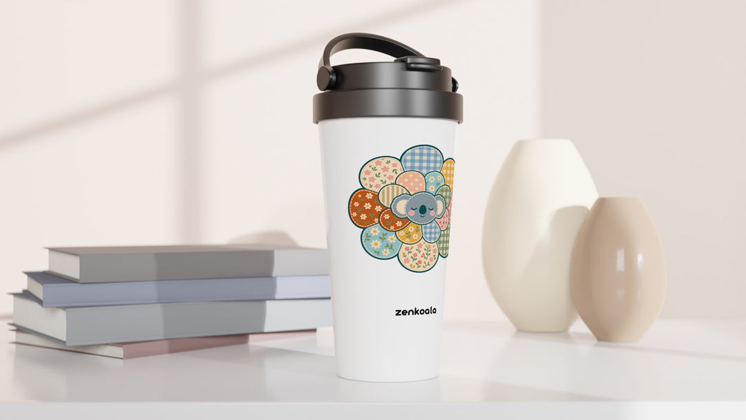 Zen Mandala Flower travel mug beside books and vases, Zen Koala Australia