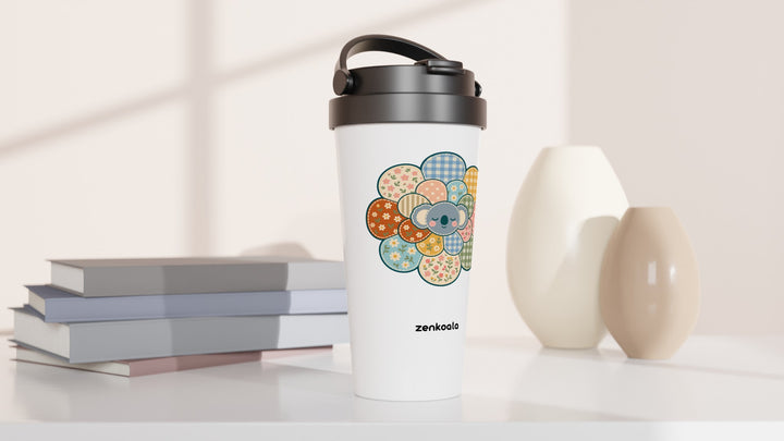 Zen Mandala Flower travel mug beside books and vases, Zen Koala Australia
