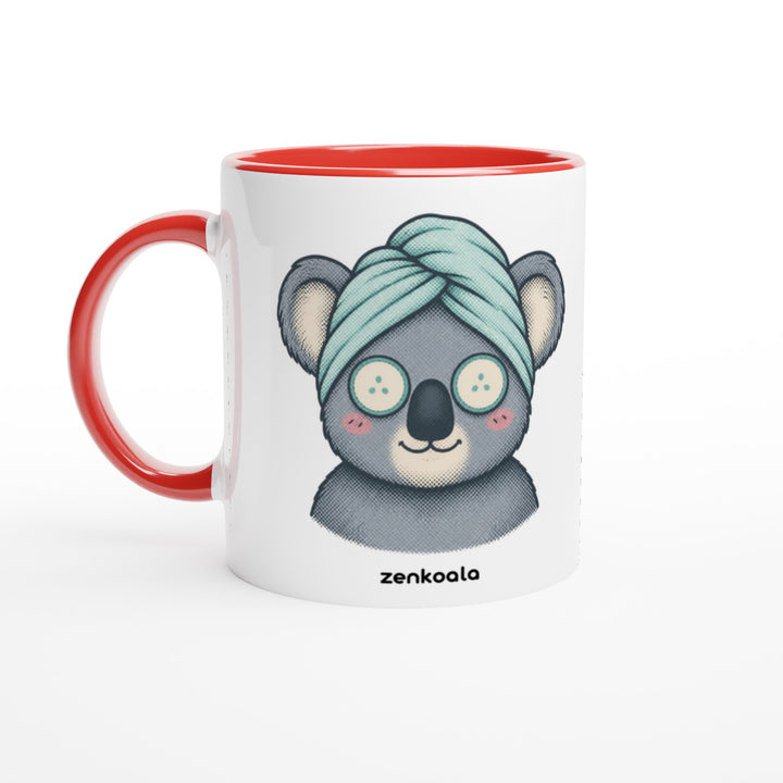 Koala Spa Day mug in red: white with a red rim, inside and handle, Zen Koala Australia