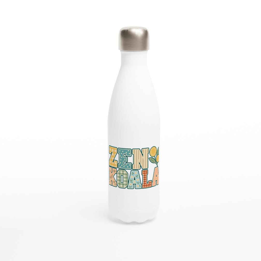 Zen Koala Faux Patchwork feel-good water bottle: the brand name in faux patchwork letters, Zen Koala Australia