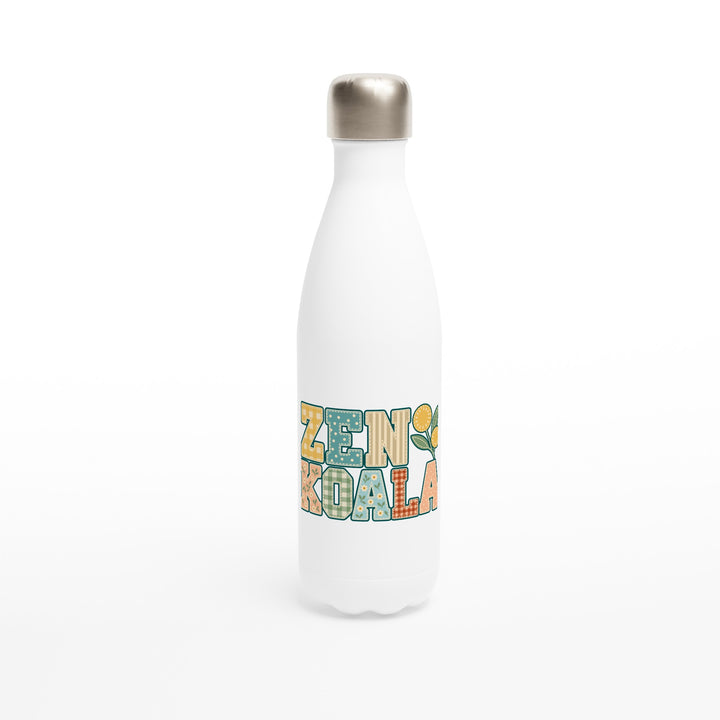 Zen Koala Faux Patchwork feel-good water bottle: the brand name in faux patchwork letters, Zen Koala Australia