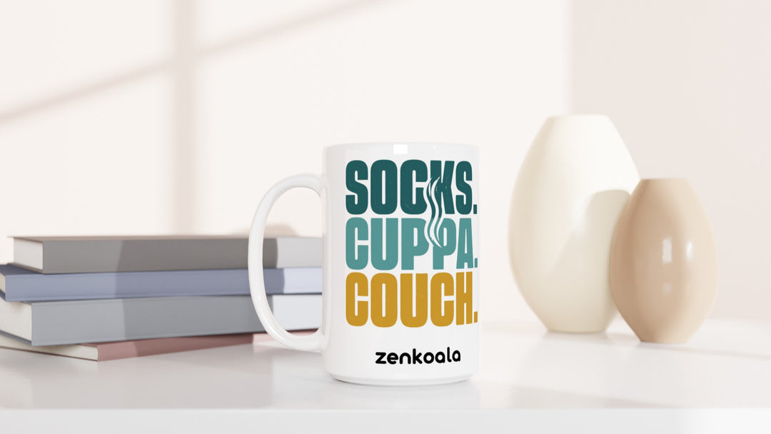 Socks Cuppa Couch 15oz mug beside books and vases, Zen Koala Australia