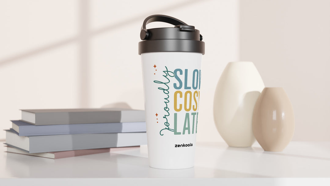 Proudly Slow Cosy Late travel mug beside books and vases, Zen Koala Australia