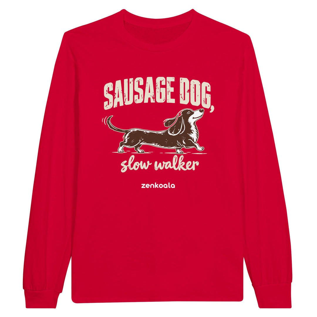 Sausage Dog Slow Walker feel-good long sleeve tee in red: a sausage dog taking its time, Zen Koala Australia