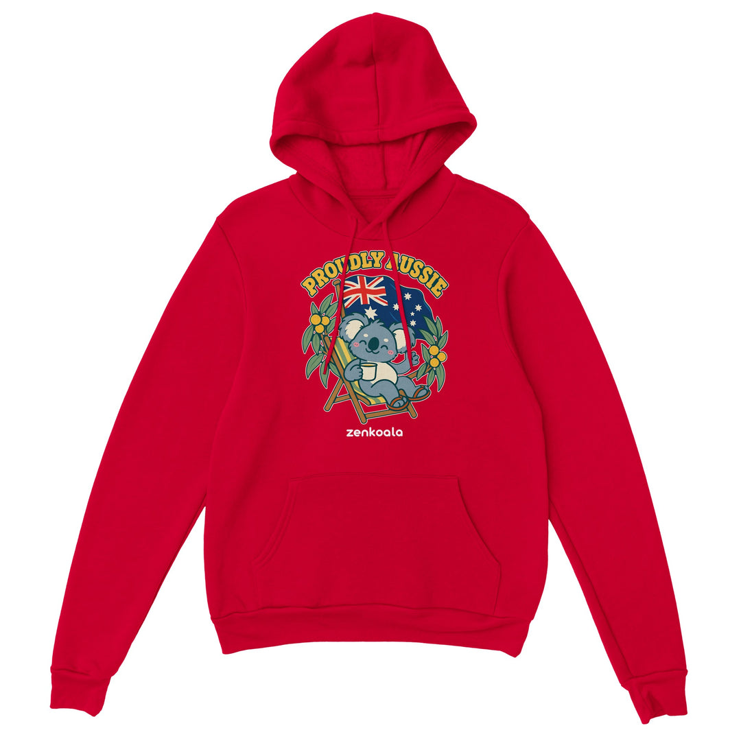 Proudly Aussie feel-good hoodie in red, Zen Koala Australia