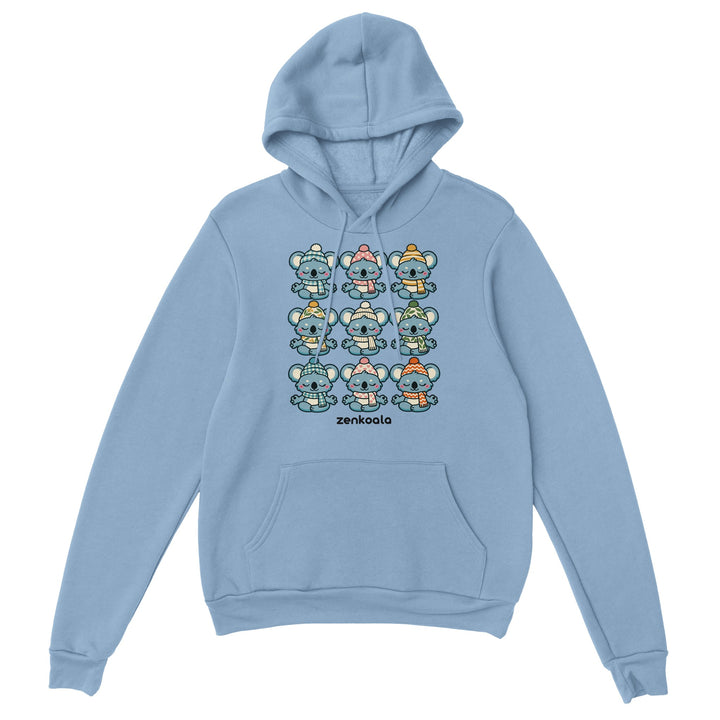 Koala Beanie Club feel-good hoodie in light blue: nine koalas in beanies, Zen Koala Australia