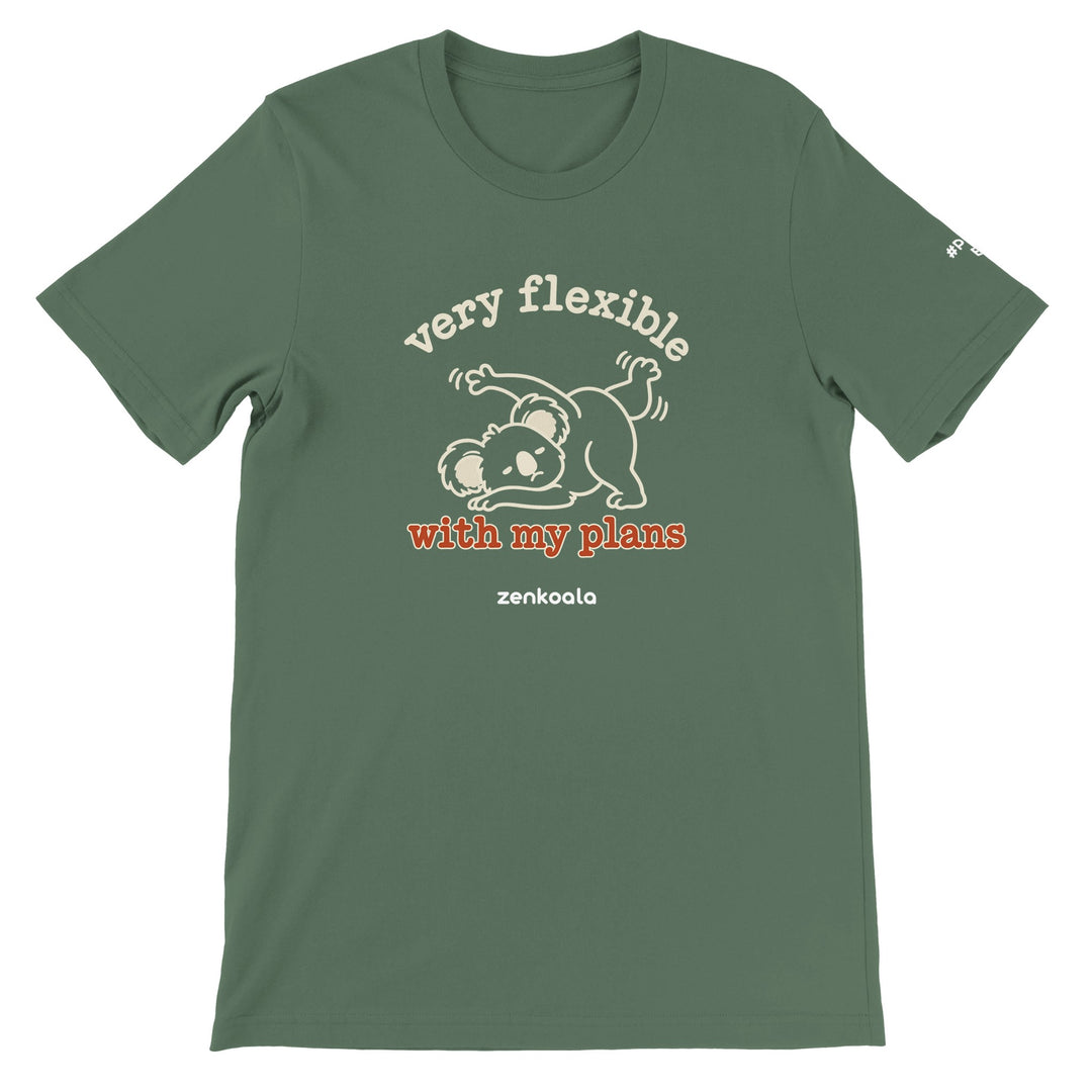 Very Flexible With My Plans feel-good tee in military green, Zen Koala Australia