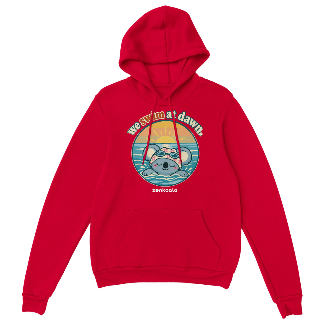 We Swim at Dawn feel-good hoodie in red, Zen Koala Australia