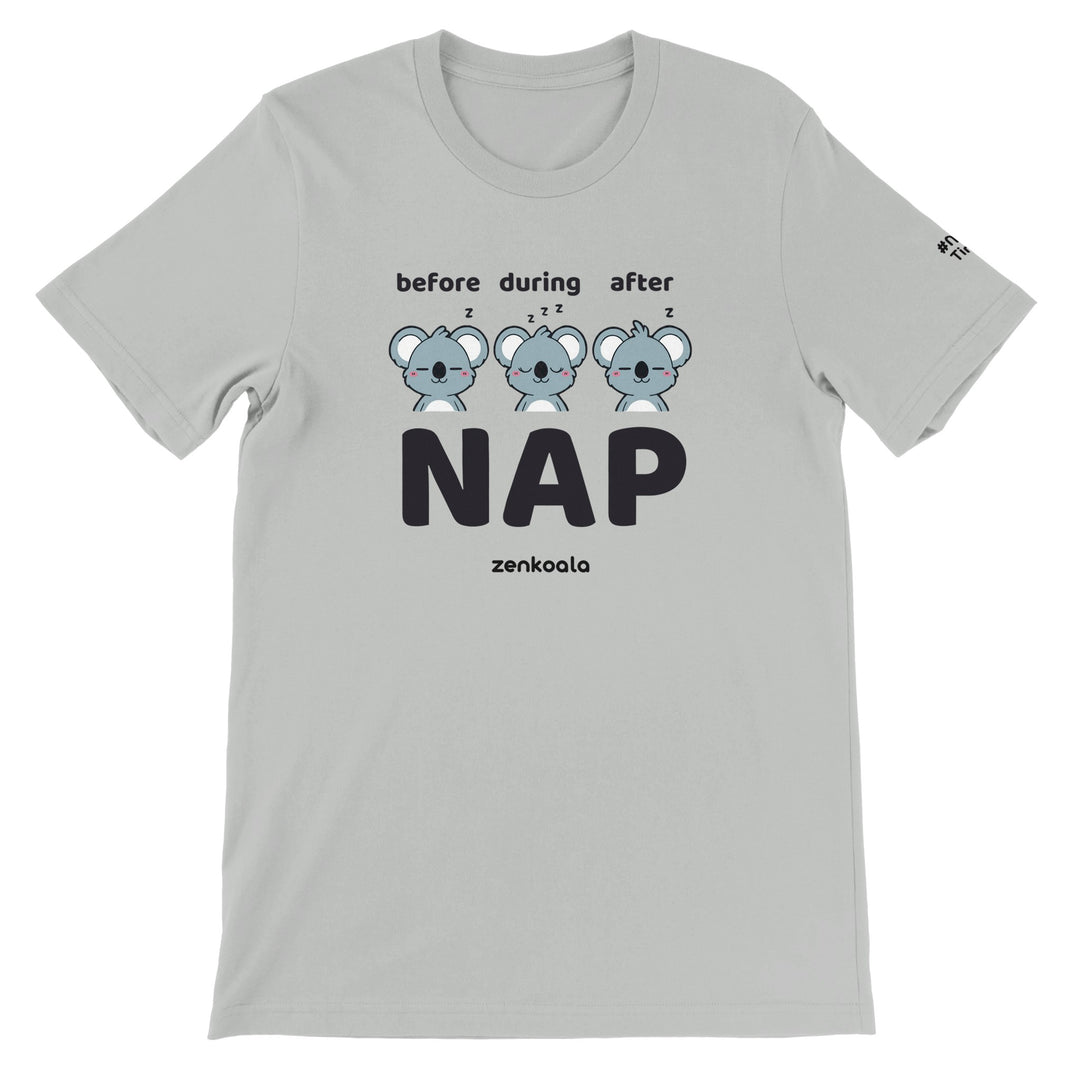 Before Nap Nap After Nap Koala feel-good tee in silver, Zen Koala Australia