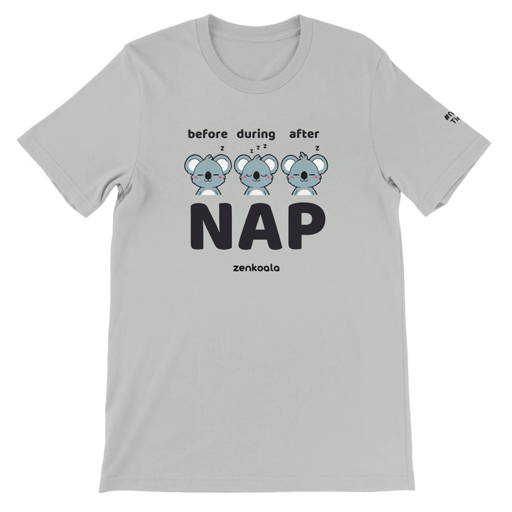 Before Nap Nap After Nap Koala feel-good tee in silver, Zen Koala Australia