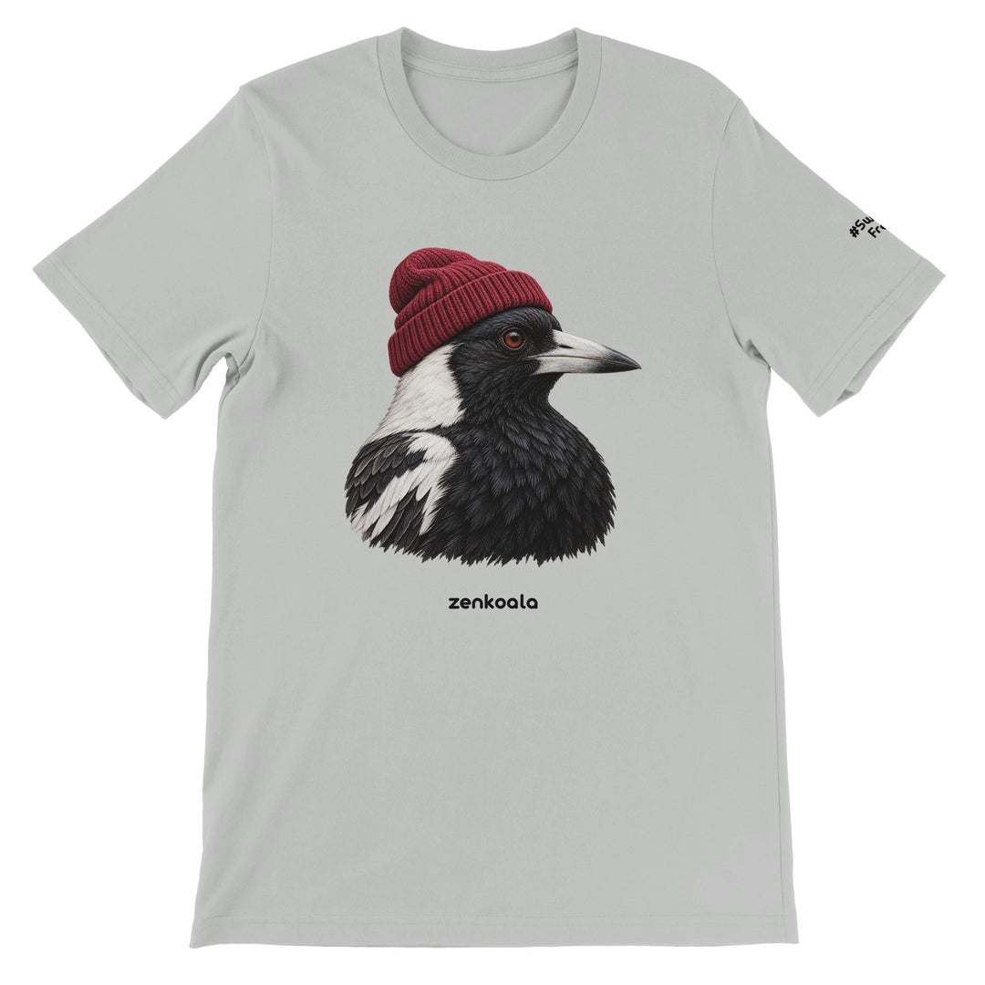 Magpie Beanie feel-good tee in silver, Zen Koala Australia