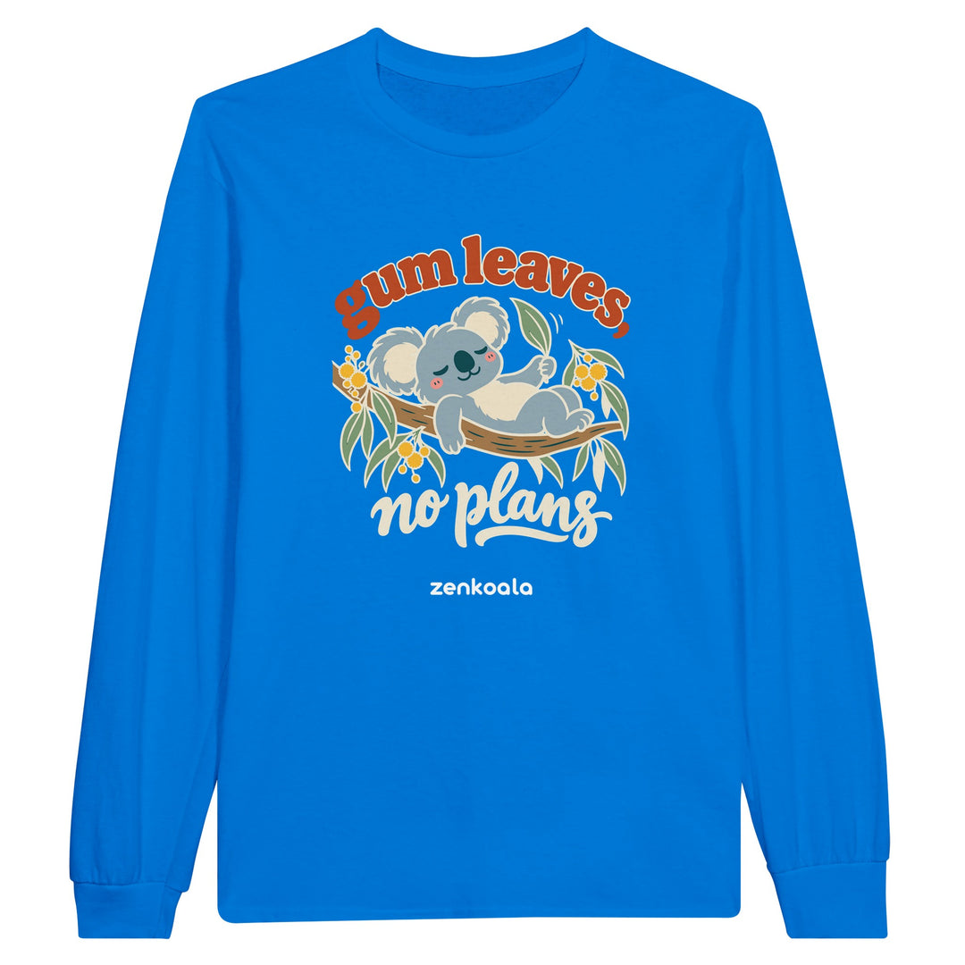 Gum Leaves No Plans feel-good long sleeve tee in royal, Zen Koala Australia