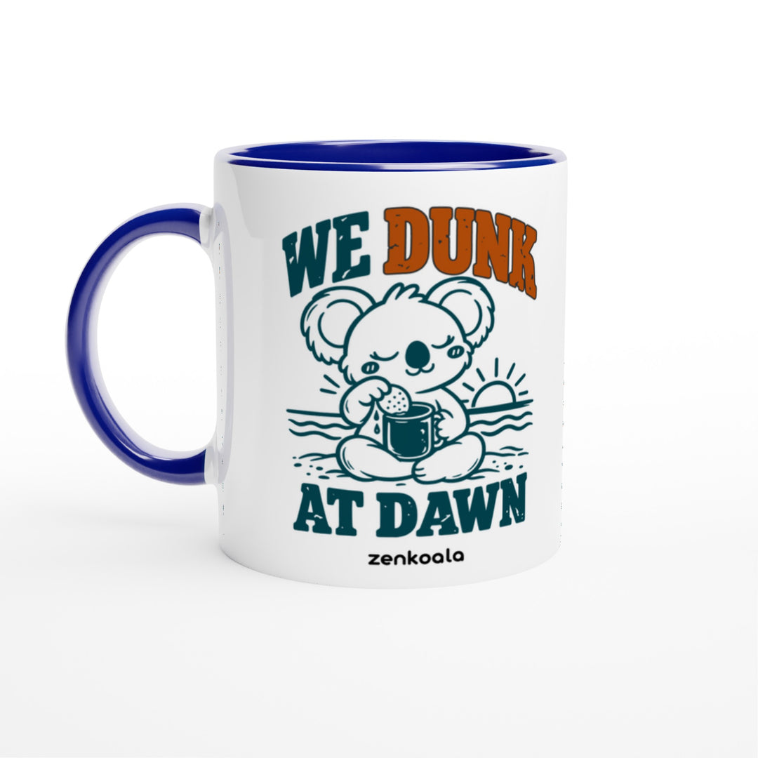 We Dunk at Dawn mug in blue: white with a blue rim, inside and handle, Zen Koala Australia