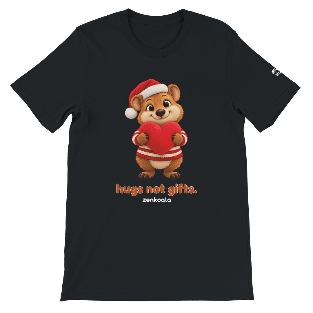 Hugs Not Gifts feel-good tee in black, Zen Koala Australia