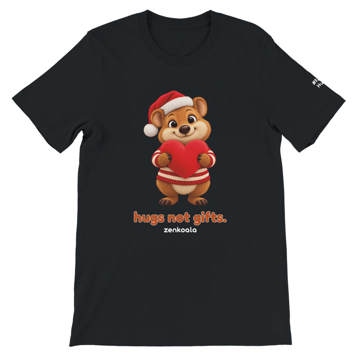 Hugs Not Gifts feel-good tee in black, Zen Koala Australia