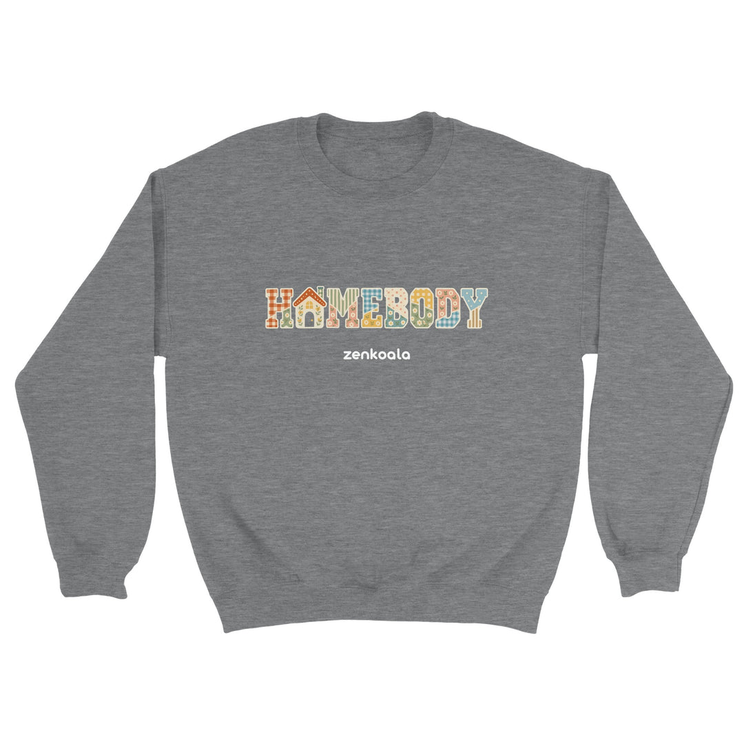Homebody Faux Patchwork feel-good sweatshirt in sport grey: cosy faux patchwork letters with a little house, Zen Koala Australia