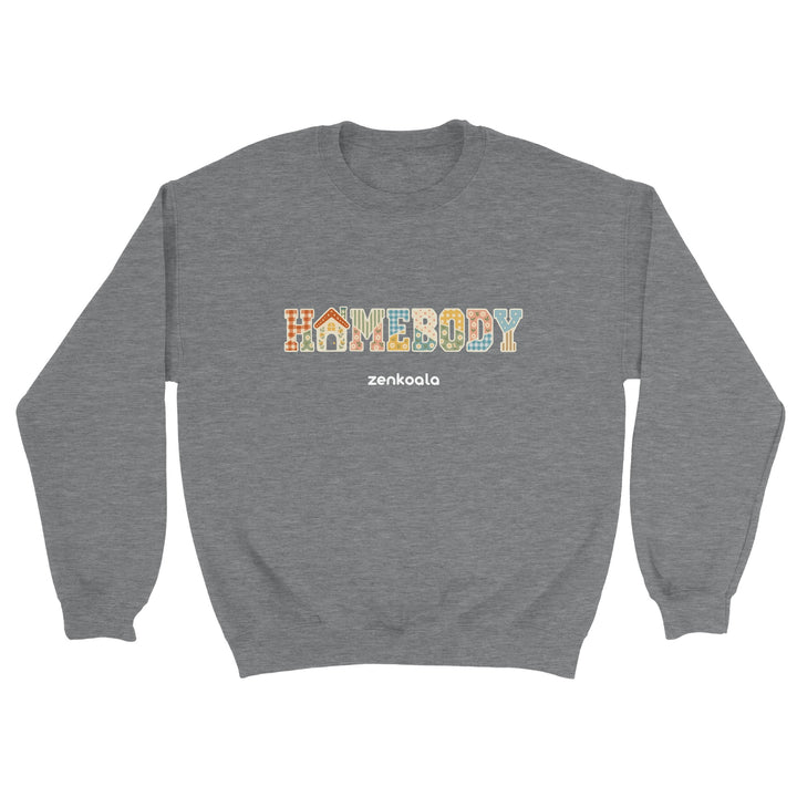Homebody Faux Patchwork feel-good sweatshirt in sport grey: cosy faux patchwork letters with a little house, Zen Koala Australia