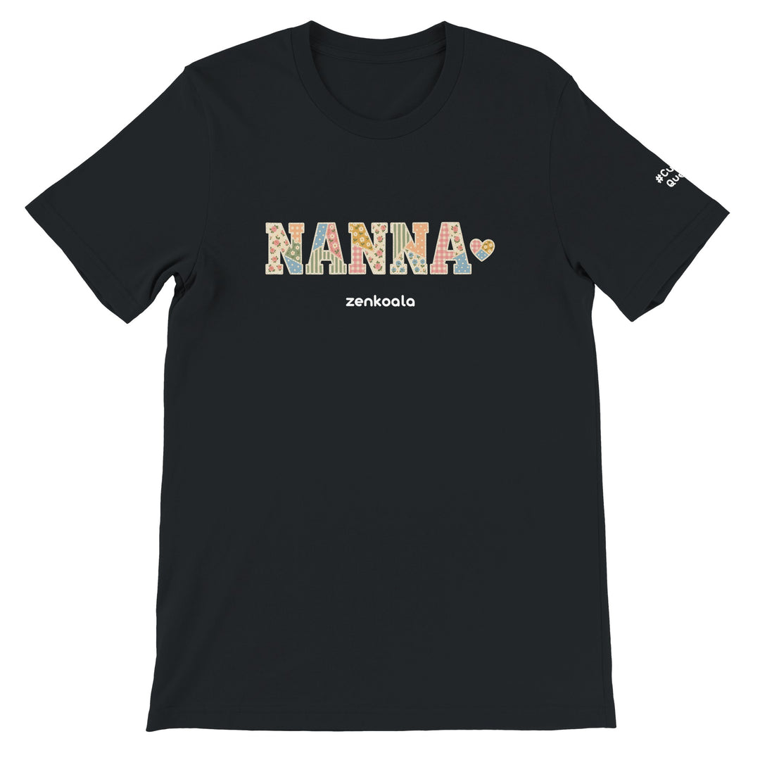 Nanna Faux Patchwork feel-good tee in black: vintage faux patchwork letters with a stitched heart, Zen Koala Australia