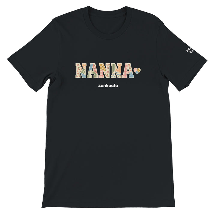 Nanna Faux Patchwork feel-good tee in black: vintage faux patchwork letters with a stitched heart, Zen Koala Australia