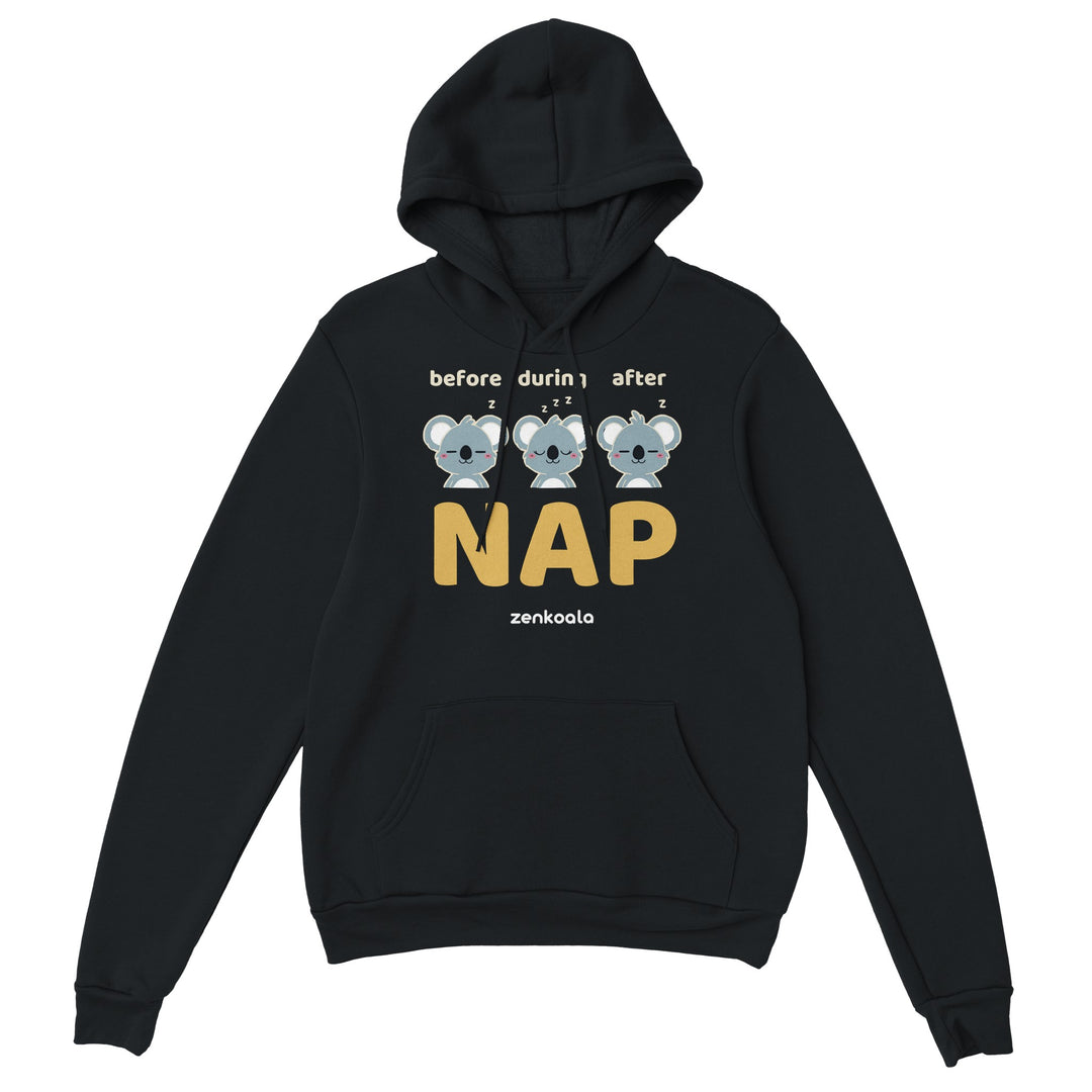 Before Nap Nap After Nap Koala feel-good hoodie in black, Zen Koala Australia