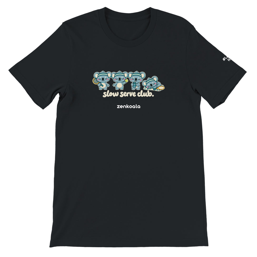 Slow Serve Club feel-good tee in black, Zen Koala Australia