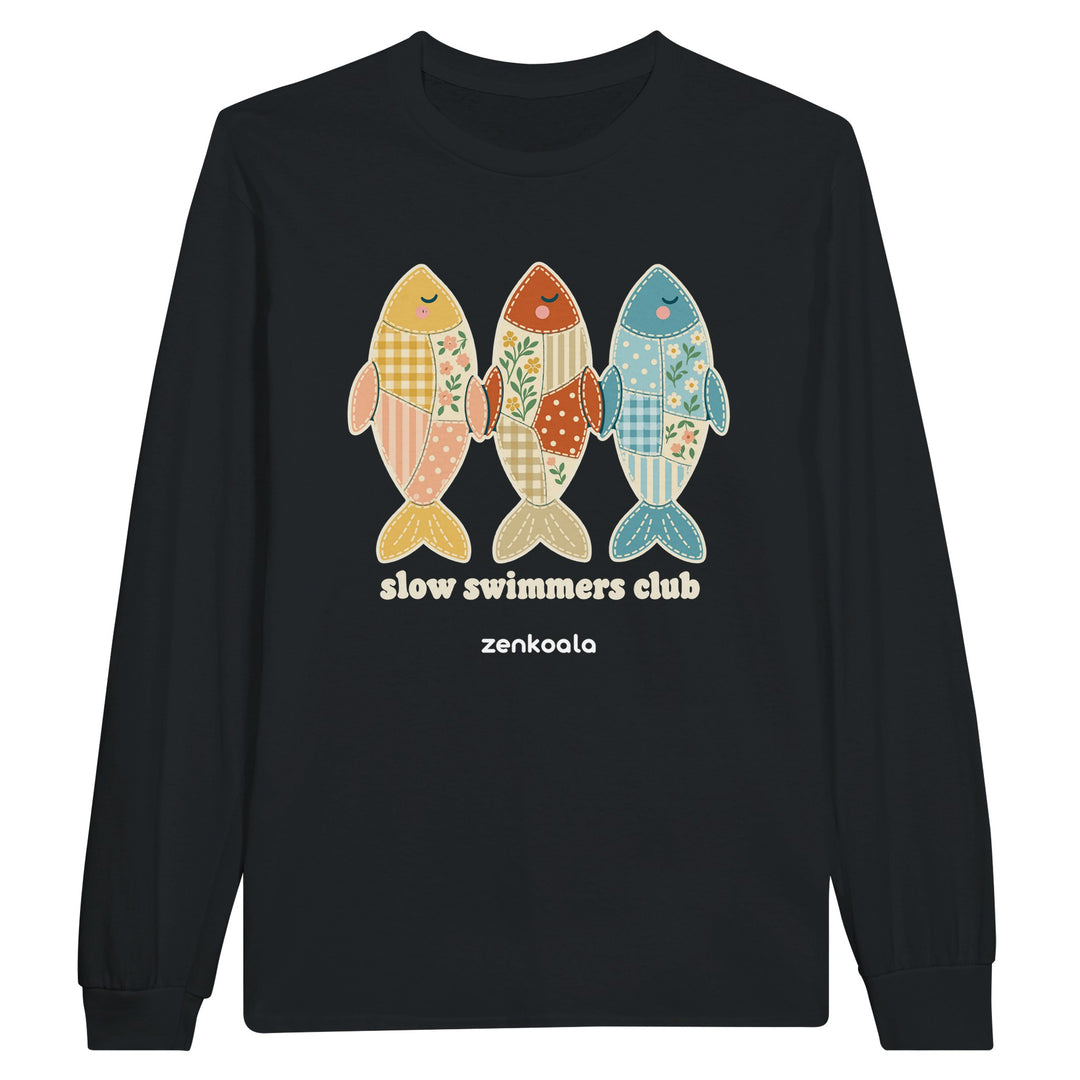 Slow Swimmers Club feel-good long sleeve tee in black, Zen Koala Australia