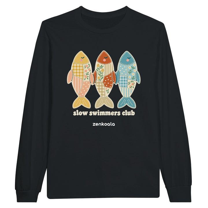 Slow Swimmers Club feel-good long sleeve tee in black, Zen Koala Australia