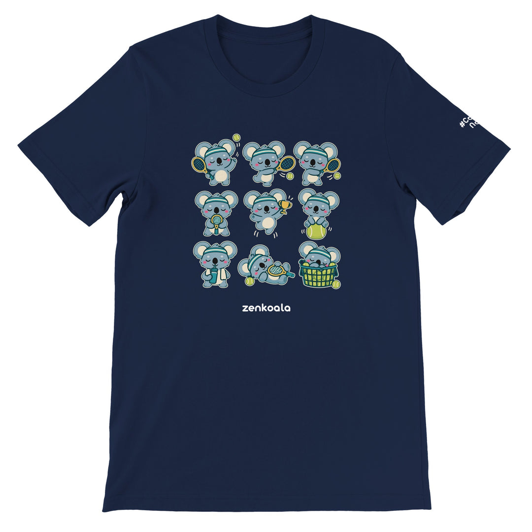 Tennis Koalas feel-good tee in navy, Zen Koala Australia
