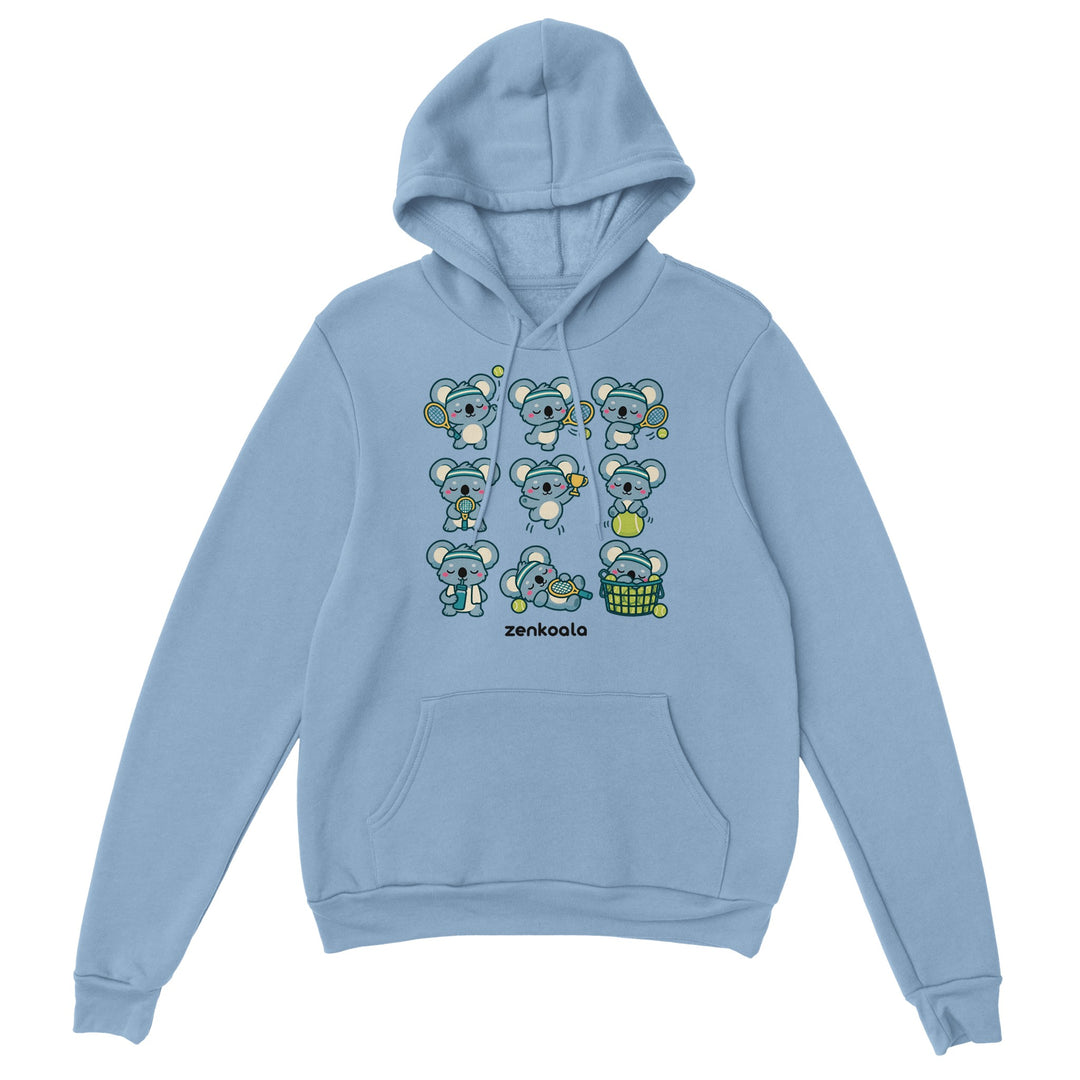 Tennis Koalas feel-good hoodie in light blue: nine koalas playing tennis, Zen Koala Australia