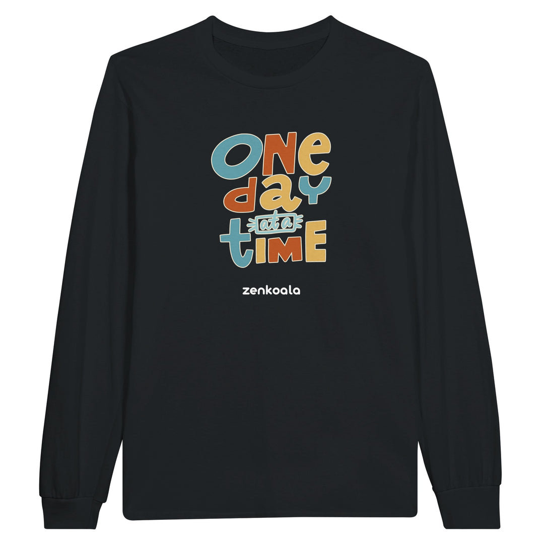 One Day at a Time feel-good long sleeve tee in black, Zen Koala Australia