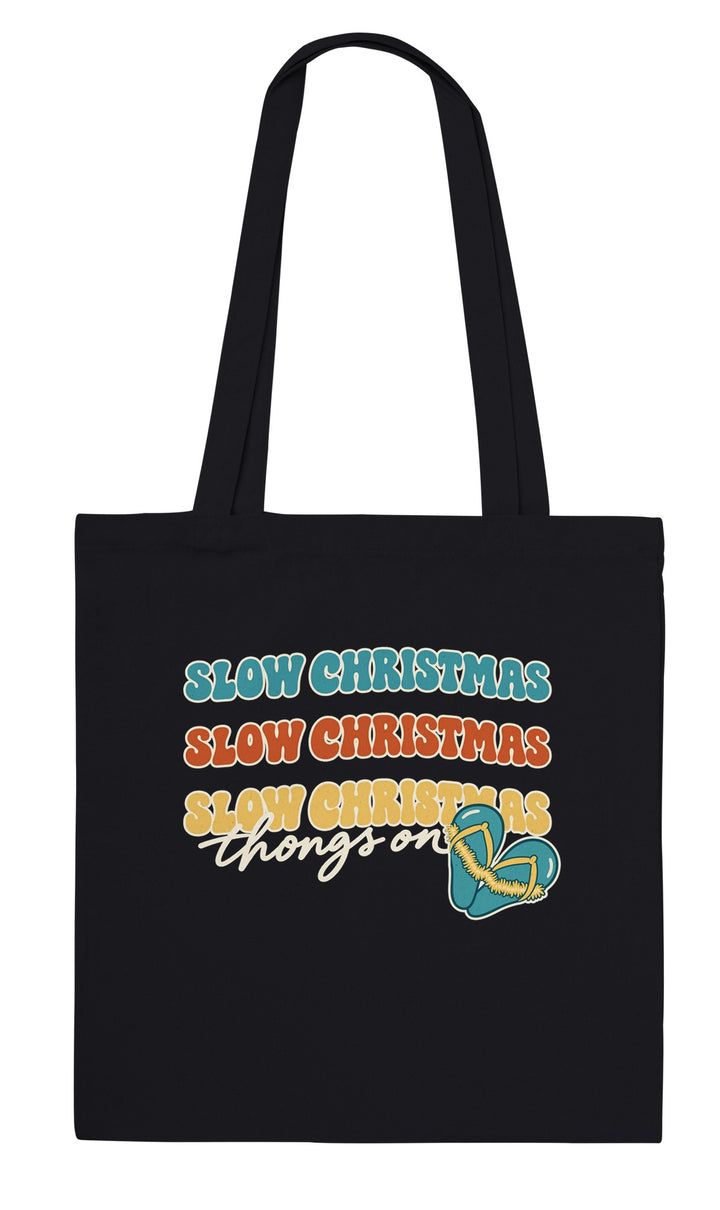 Slow Christmas Thongs On feel-good tote bag in black, Zen Koala Australia
