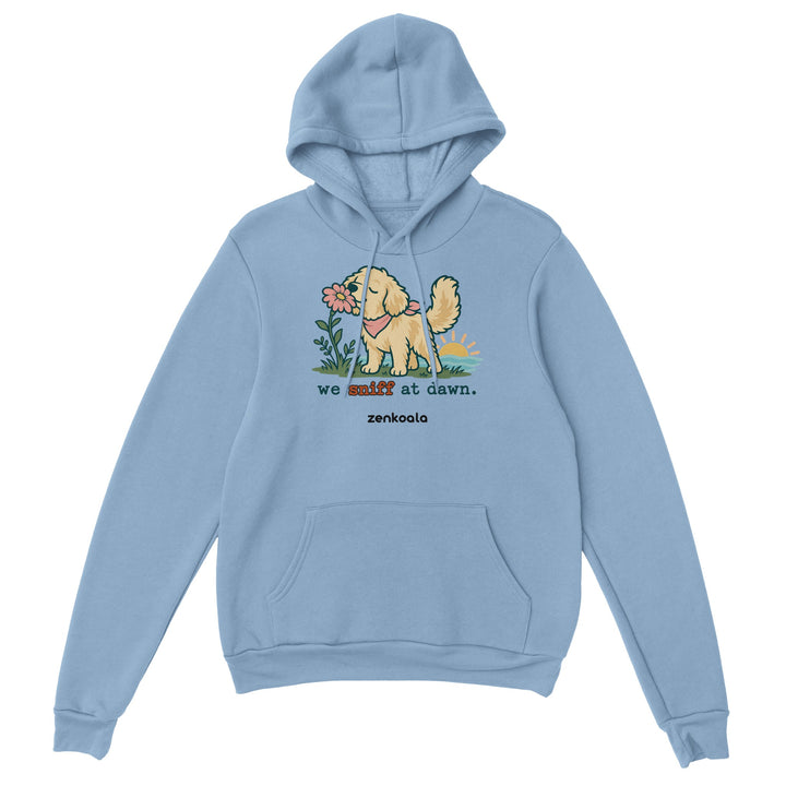 We Sniff at Dawn feel-good hoodie in light blue, Zen Koala Australia