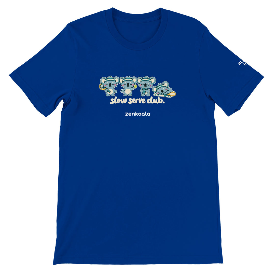 Slow Serve Club feel-good tee in true royal, Zen Koala Australia