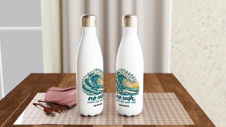 Two No Rush Catch the Next One water bottles on a table, Zen Koala Australia