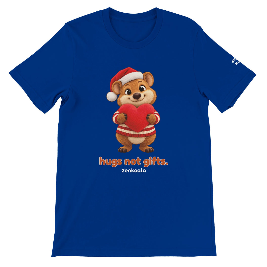 Hugs Not Gifts feel-good tee in true royal, Zen Koala Australia