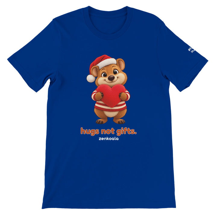 Hugs Not Gifts feel-good tee in true royal, Zen Koala Australia