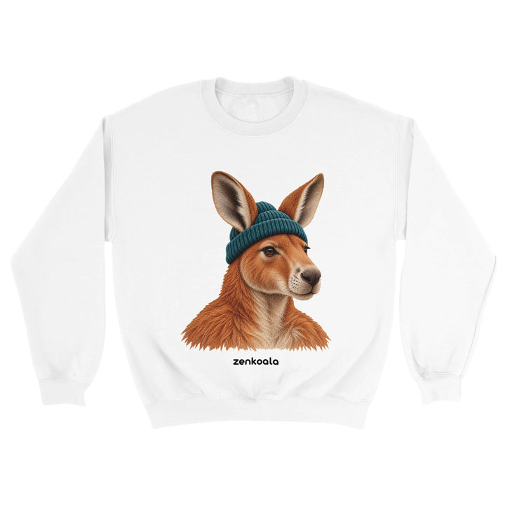Kangaroo Beanie feel-good sweatshirt in white: a kangaroo in a beanie, Zen Koala Australia