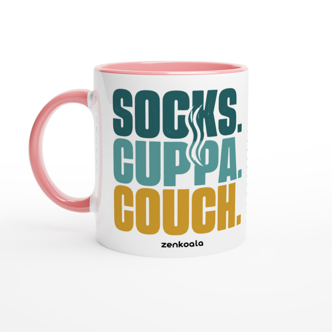 Socks Cuppa Couch mug in pink: white with a pink rim, inside and handle, Zen Koala Australia