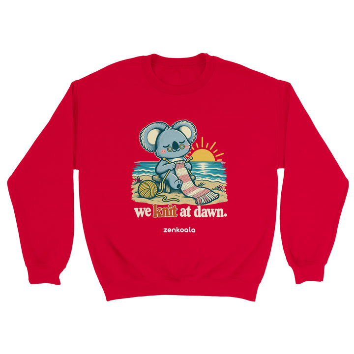 We Knit at Dawn feel-good sweatshirt in red, Zen Koala Australia