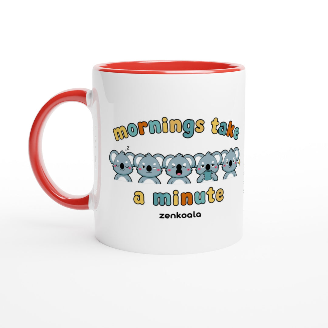 Mornings Take a Minute feel-good mug: five koalas waking up in stages, Zen Koala Australia