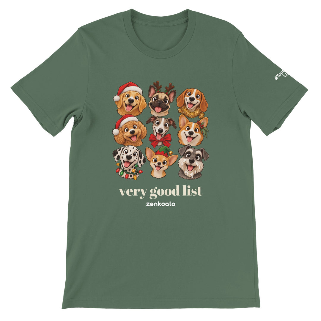 Very Good List feel-good tee in military green: a crew of Christmas dogs, Zen Koala Australia
