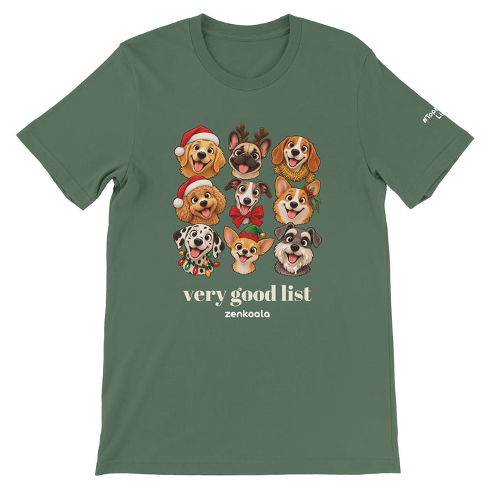 Very Good List feel-good tee in military green: a crew of Christmas dogs, Zen Koala Australia
