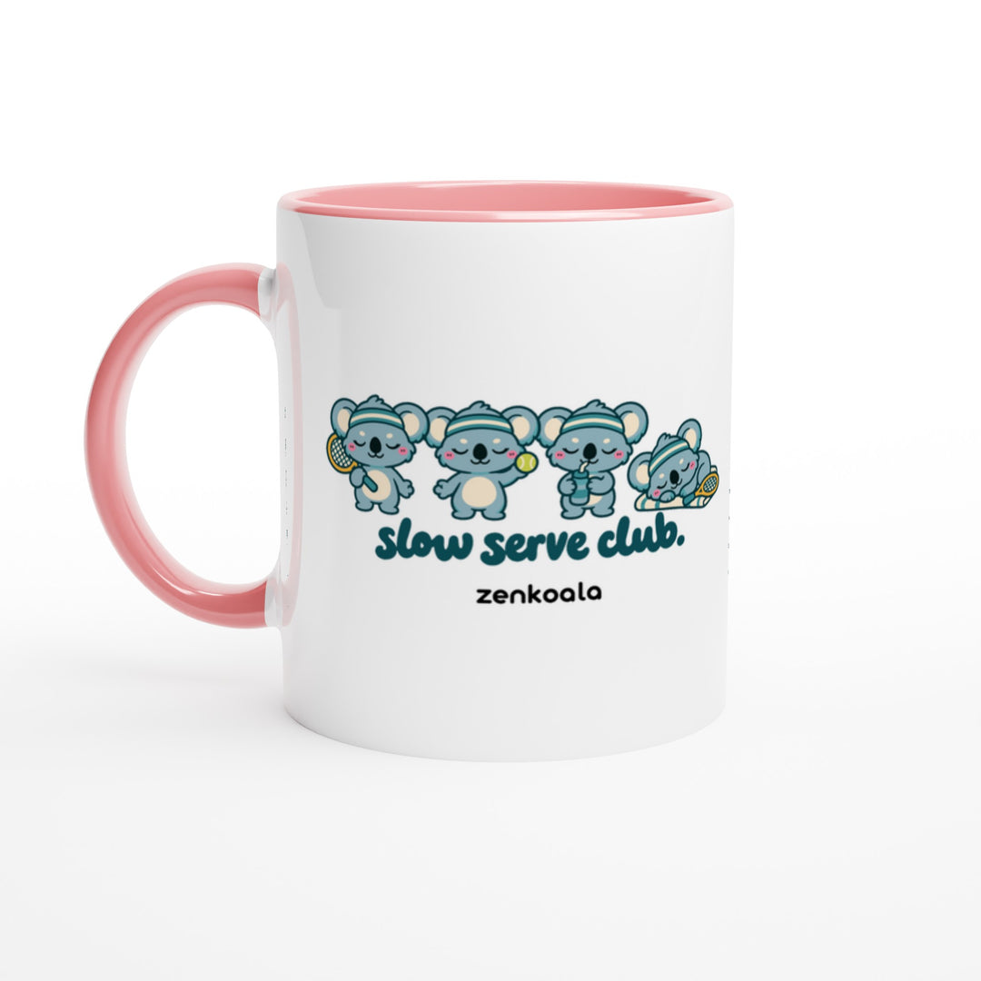 Slow Serve Club mug in pink: white with a pink rim, inside and handle, Zen Koala Australia